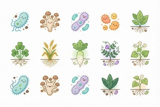 Illustrative representation of microbiomes showcasing bacteria, fungi, and plant roots symbolizing interconnected ecosystems and their vital contribution to sustainability and ecology
