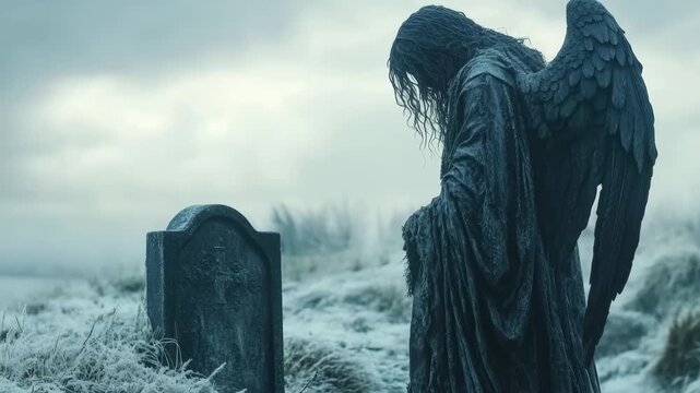 Dark angel of death grieving in a desolate, frozen cemetery with wind blowing through frosty grass