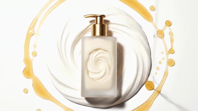 Luxury Lotion Bottle on Cream Swirl with Gold Accents Against White Background for Beauty Skincare Advertising and