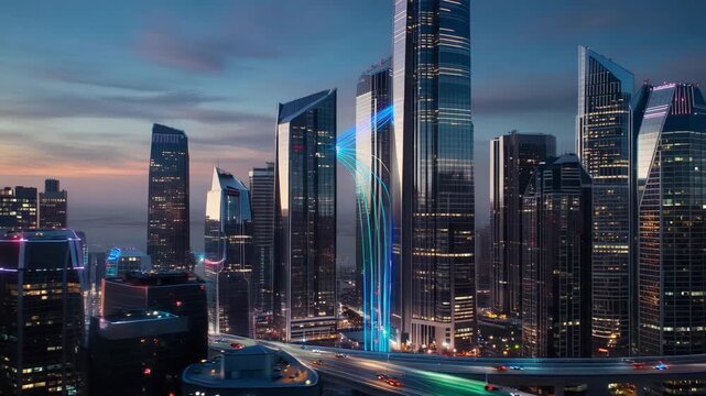 Futuristic cityscape at dusk with glowing neon light trails connecting skyscrapers and flying vehicles navigating aerial highways showcasing advanced urban technology and digital network connectivity