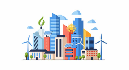 Obraz premium Illustrating a cityscape with colorful buildings, wind turbines, trees, clouds, and a glowing lightbulb, showcasing urban energy from a lively view