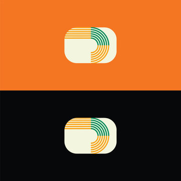 A contemporary logo featuring a rounded rectangle shape filled with a vibrant pattern of parallel horizontal and curving lines in appealing green and orange hues.