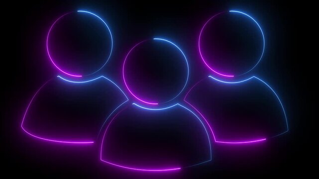 Glowing neon line group user icon animation black background. Team work, partnership, group, group of people, organization, partnership concept man icon animated.. 4K Video motion graphic animation. 