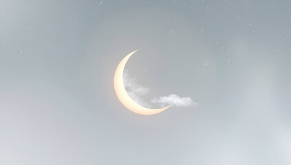 Crescent Moon with Clouds and Starry Sky in Soft Night Light