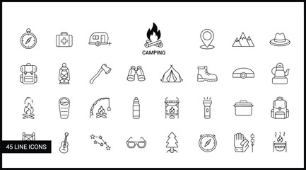 Camping icon set, outdoor adventure line icons, tent and backpack symbols, campfire, lantern, compass, binoculars, axe, sleeping bag, hiking boot, cookware, map, campsite essentials