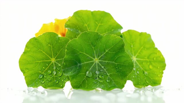 Nasturtium Flower And Green Leaves With Water Droplets Isolated On White Background Food And Nature Concept Close Up