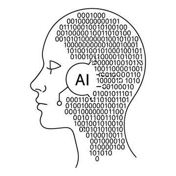 Artificial intelligence concept human head with binary code and ai logo on white background
