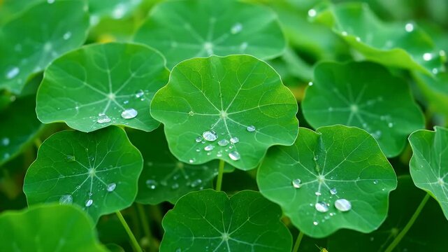 Nasturtium Green Leaves Detail with Water Droplets Freshness and Botanical Beauty Bright Daylight Abstract Background