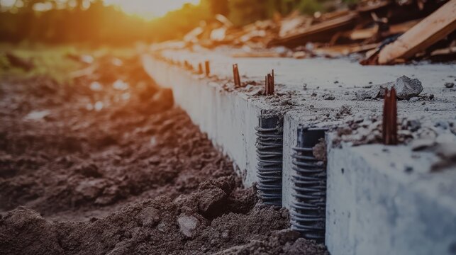 Collapsed section of a concrete retaining wall exposed in the dirt at a construction site during sunset