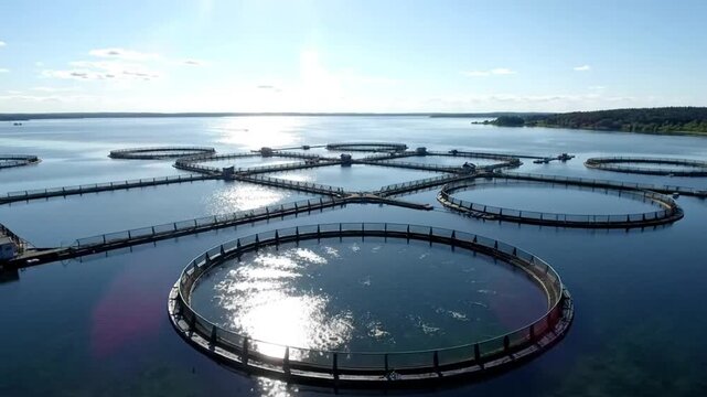 Aerial view of a fish farm in the ocean with circular net cages and walkways under a bright sunny sky