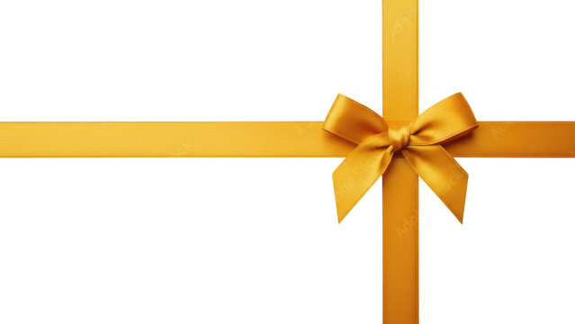 Golden silk ribbon crossing with central decorative bow knot for luxury gift wrap design