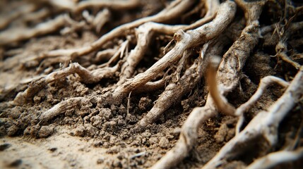 Dry exposed plant roots clinging to rough soil in a natural outdoor environment