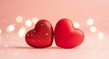 Fototapeta premium Symbolic red hearts, one shimmering with glitter, express profound love and affection on a beautiful pink background with soft, romantic bokeh lights