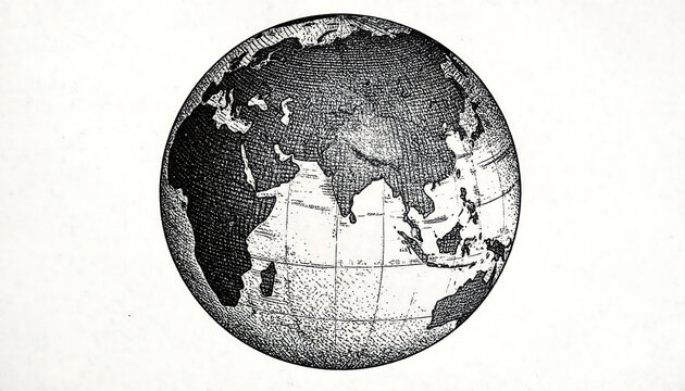 Black-and-white globe illustration with latitude and longitude lines, showing Africa, Europe, and parts of Asia.