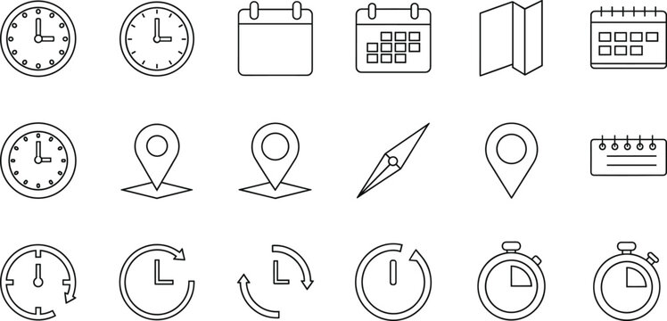 Outline interface icon set with clocks calendars maps location pins compasses timers and navigation symbols vector illustrations isolated