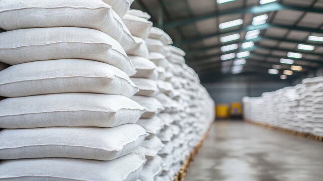 Large stacks of white flour sacks dusted with fine powder stored indoors in a warehouse facility awaiting distribution