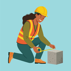 Woman Civil Engineer Measuring Concrete Foundation with Tape Measure. Professional engineer performing on-site measurements and quality inspection.