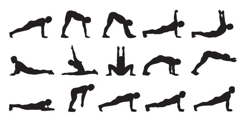 Collection of yoga and pilates poses silhouettes showing various stretching and balancing exercises for flexibility and wellness