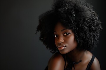 Young woman with afro hairstyle posing confidently in a studio setting against a dark background