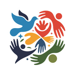 Obraz premium Abstract vibrant collage of colorful human hands and doves symbolizing freedom peace hope and collective harmony in motion