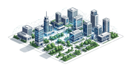 An isometric illustration of a futuristic smart city with green spaces and modern buildings, showcasing a concept for sustainable urban development and technology integration. © Jangkrik