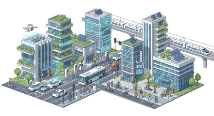 Illustration of a futuristic smart city with green buildings, featuring a drone, under a concept of sustainable urban development and technology integration.