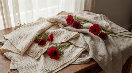 Layered Natural Fabrics with Flowers for Wellness Concept