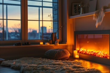 Naklejka premium Warm and inviting home interior at dusk, featuring a burning fireplace, lit candles, and a cozy rug by the window