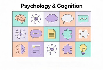 Fototapeta premium Visual representation of psychological concepts including cognitive functions, neural connections, abstract thinking structures, and emotional insights framed in a colorful grid showcasing the