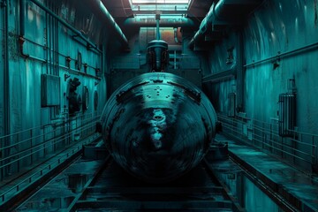 Fototapeta premium Front view of a submarine undergoing maintenance in a dry dock, showcasing its intricate details and industrial environment