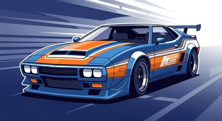 Obraz premium Sporty blue and orange car illustration with racing stripes and wing