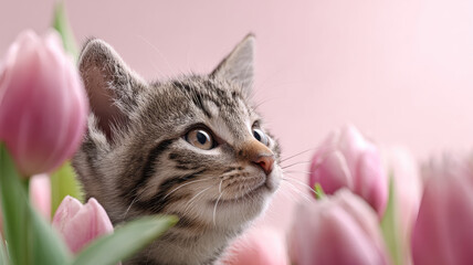 Adorable cat with a bouquet of tulips on pink background, womens day, valentines day.