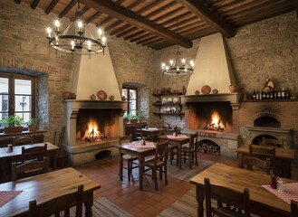 Cozy rustic restaurant interior with fireplaces and wooden decor
