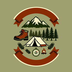 Fototapeta premium Camping Adventure Badge with Tent, Mountain, Forest and Outdoor Equipment. Perfect for adventure branding, outdoor logos, travel posters, hiking and camping promotions, and nature themed designs.