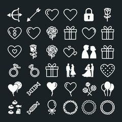 Valentine&rsquo;s Day Line Icon Set with Hearts, Gifts, Couples and Roses. Suitable for UI design, apps, websites, infographics, greeting cards and modern romantic branding.