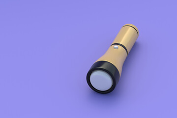 Flashlight on violet background. Pocket torch. Equipment for camping, travel or adventure. Copy space. 3d render
