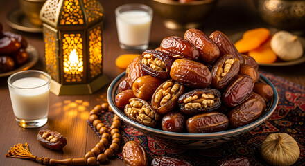 Obraz premium Dates and milk in a warm ramadan setting with lantern and rosary