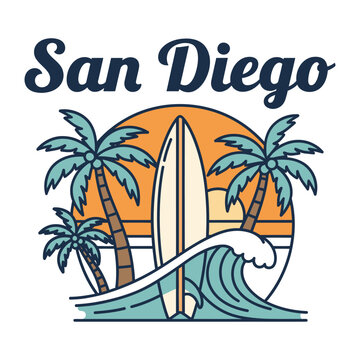 Retro San Diego surf illustration with palm trees, surfboard, wave, and sunset.