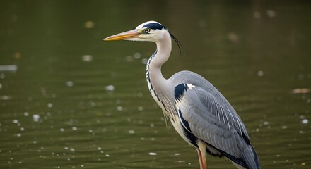Fototapeta premium A majestic heron stands alone in a serene body of water, surrounded by nature's beauty.