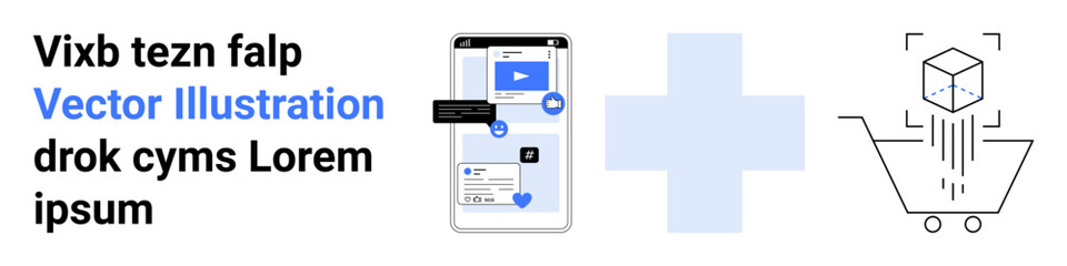 Obraz premium E-commerce, mobile apps, digital shopping, technology, online retail, user interface. Smartphone displaying app layout, shopping cart icon and 3D cube. E-commerce and mobile apps concept