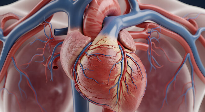 Detailed human heart anatomy with veins and arteries