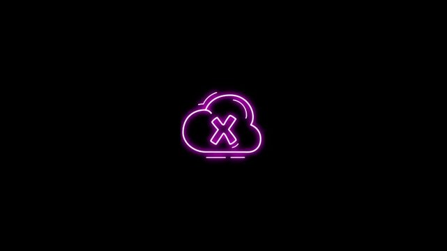 Glowing neon cloud error icon isolated on black background, featuring cloud with WiFi symbol and cross mark, representing server error, cloud computing failure, network issue, and connection problem.