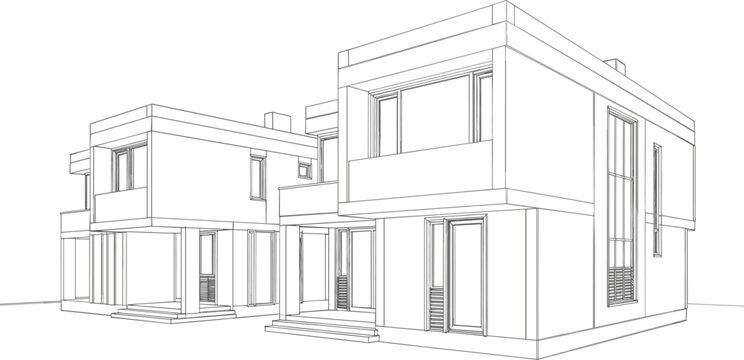 Technical 3D wireframe illustration of a modern duplex residential building featuring large windows and minimalist cubic architectural design