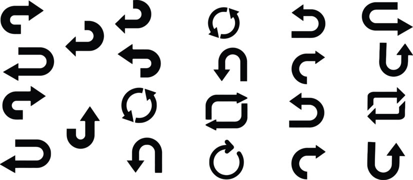 Diverse collection of black curved and u-turn arrows for navigation and ui design