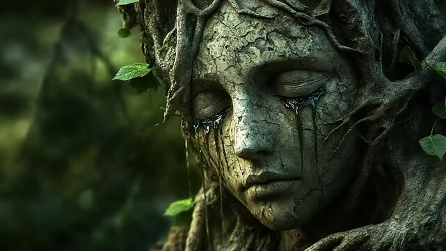 The Weeping Mother Nature Statue - A Somber Forest Guardian.