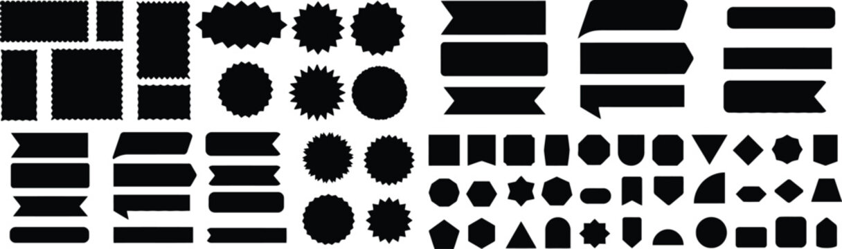 Diverse collection of black silhouette design elements including banners, labels, and geometric shapes