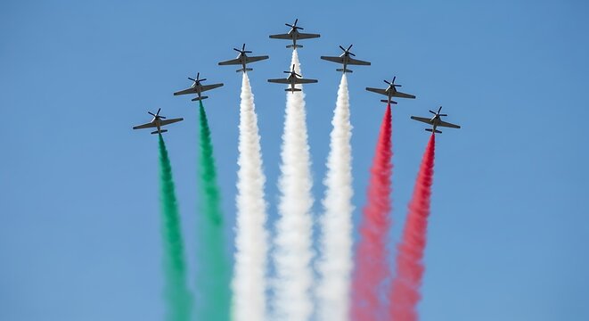 Nine precision aerobatic aircraft fly in formation against a clear blue sky leaving colored smoke trails representing national colors
