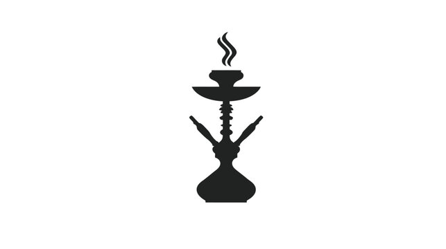 Black hookah silhouette with smoke icon, traditional water pipe or shisha lounge vector illustration on white background.