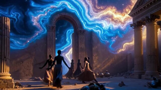 Silhouetted figures dancing gracefully amidst ancient ruins and an ethereal cosmic portal for a spiritual journey concept and otherworldly mystery
