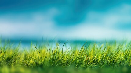 Fototapeta premium Abstract background of blurred green grass and blue sky, defocus, perfect for text overlay
